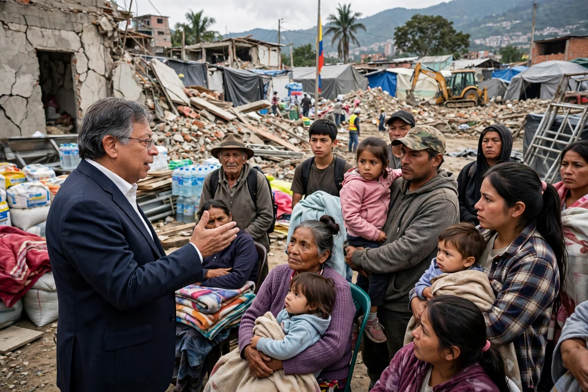Un hombre de traje oscuro habla ante familias con niños y mantas entre escombros, carpas, ayudas y una retroexcavadora en una zona de reconstrucción