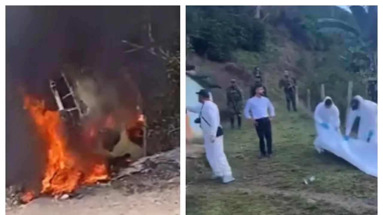 A la izquierda un vehículo en llamas y a la derecha personal forense trabaja en una zona rural tras los hechos de Suaza, Huila