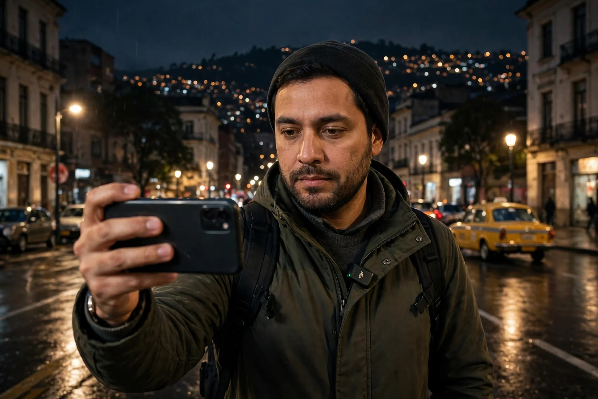 Periodista sosteniendo un celular mientras transmite en vivo en una calle de Bogotá de noche, con farolas y un taxi al fondo