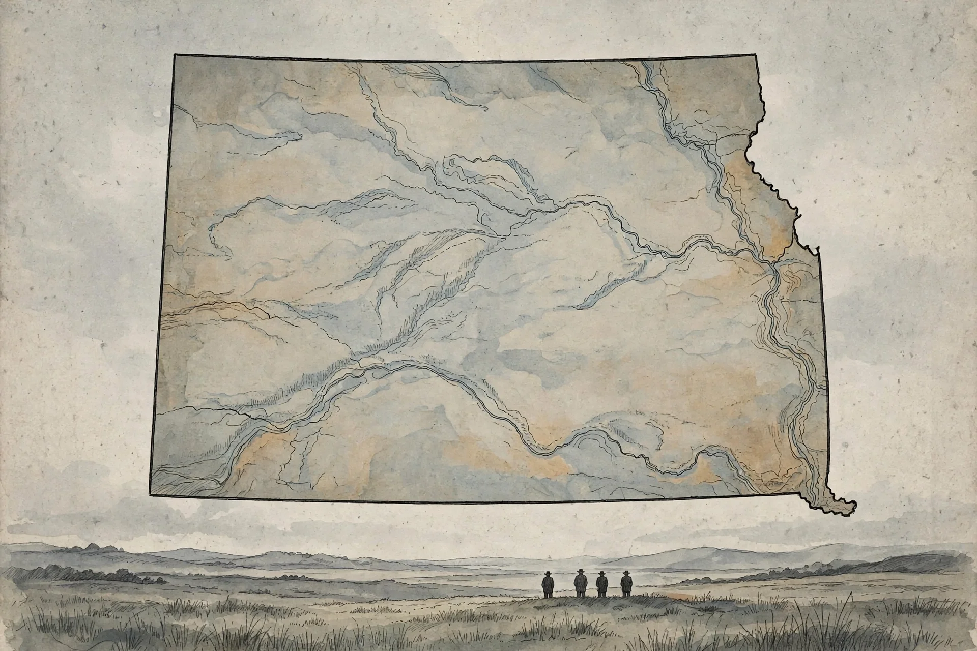 Ilustración editorial en acuarela del mapa de Kansas sobre una llanura, con cuatro siluetas pequeñas y lejanas al pie del mapa