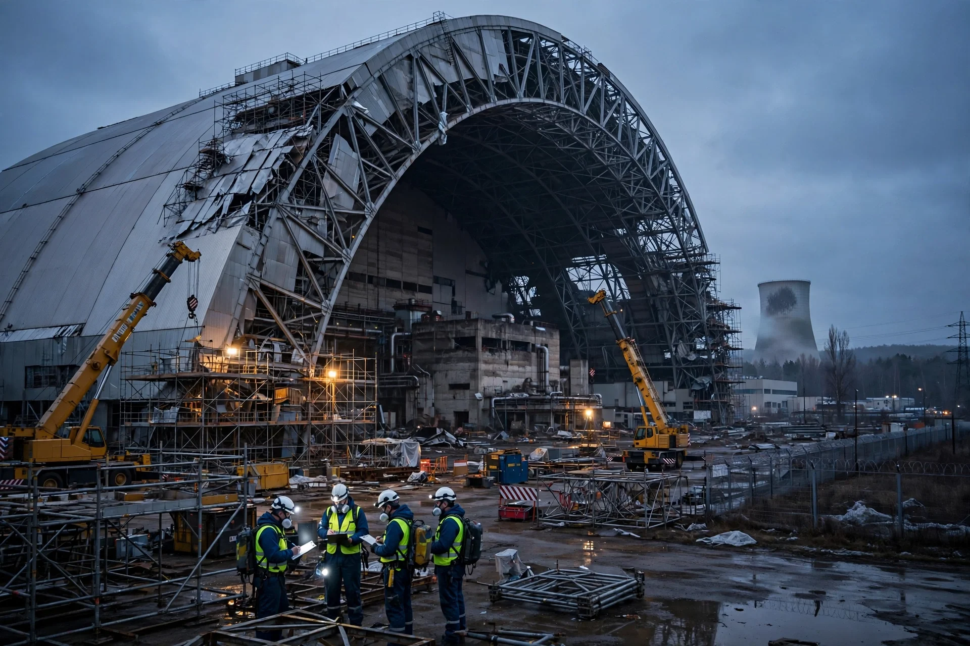 Gran arco de acero de confinamiento de una central nuclear dañado, con grúas, andamios e ingenieros con equipo de protección inspeccionando la estructura al anochecer
