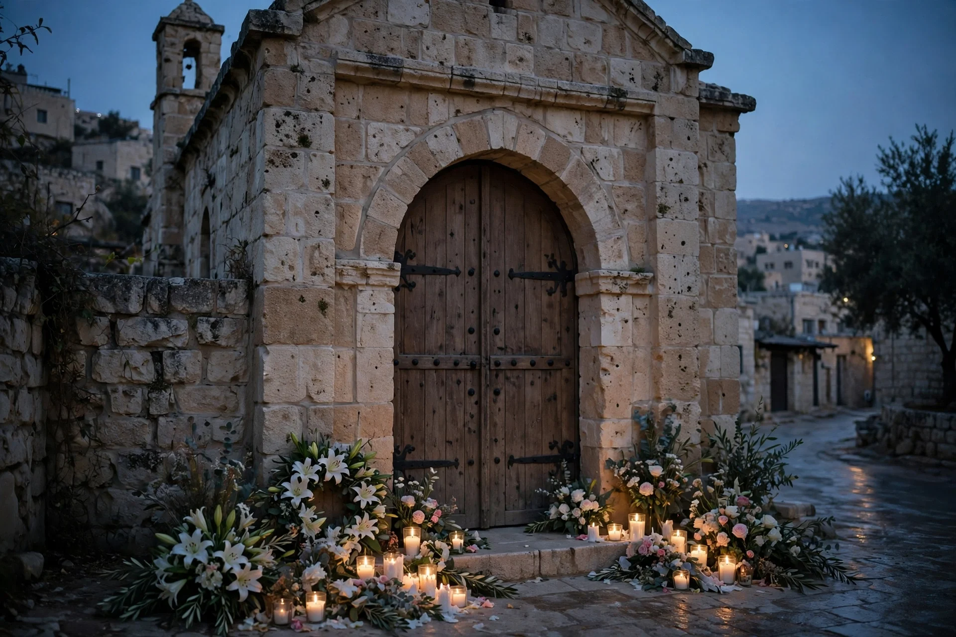 Ilustración de la fachada de piedra de una iglesia en Jordania al atardecer, con velas y flores junto a la puerta cerrada