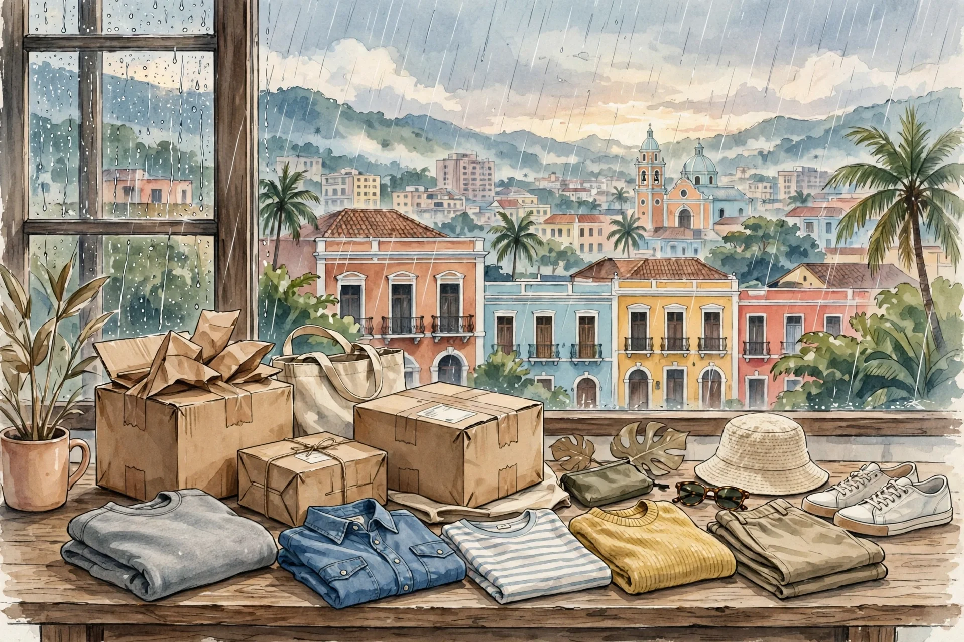 Ilustración de paquetes de compras en línea y prendas de ropa sobre una mesa junto a una ventana con lluvia y una ciudad caribeña al fondo