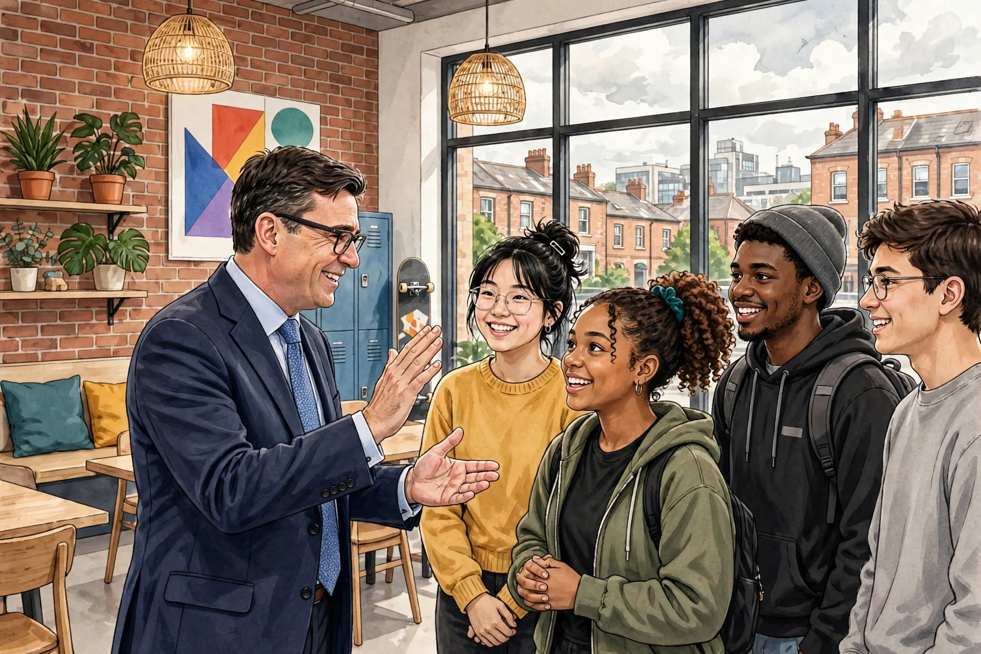 Ilustración de un primer ministro británico conversando con jóvenes en un centro juvenil moderno de ladrillo en Manchester