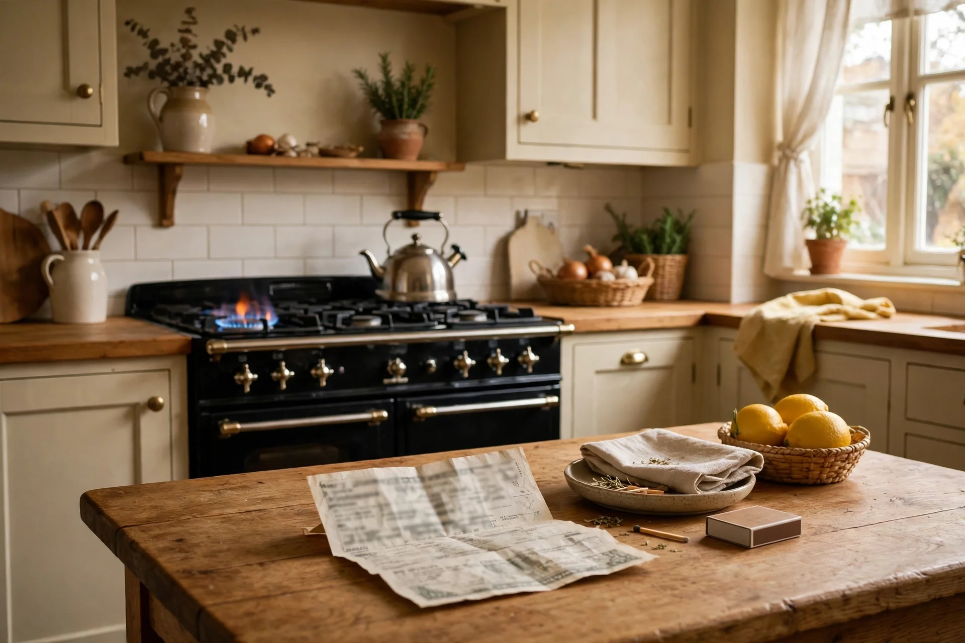 Cocina británica cálida con una estufa de gas encendida y una factura sobre la mesa de madera
