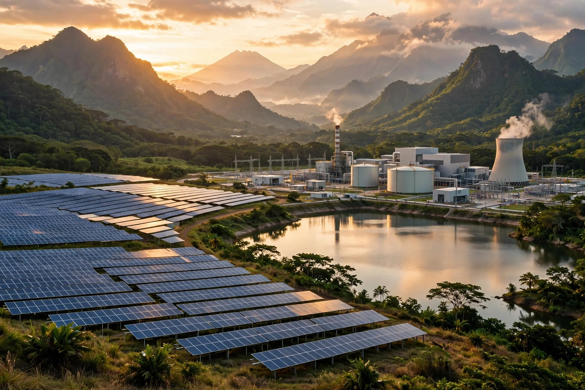 Solar panel field and a modern power plant beside a reservoir in the mountains of Central America at golden hour