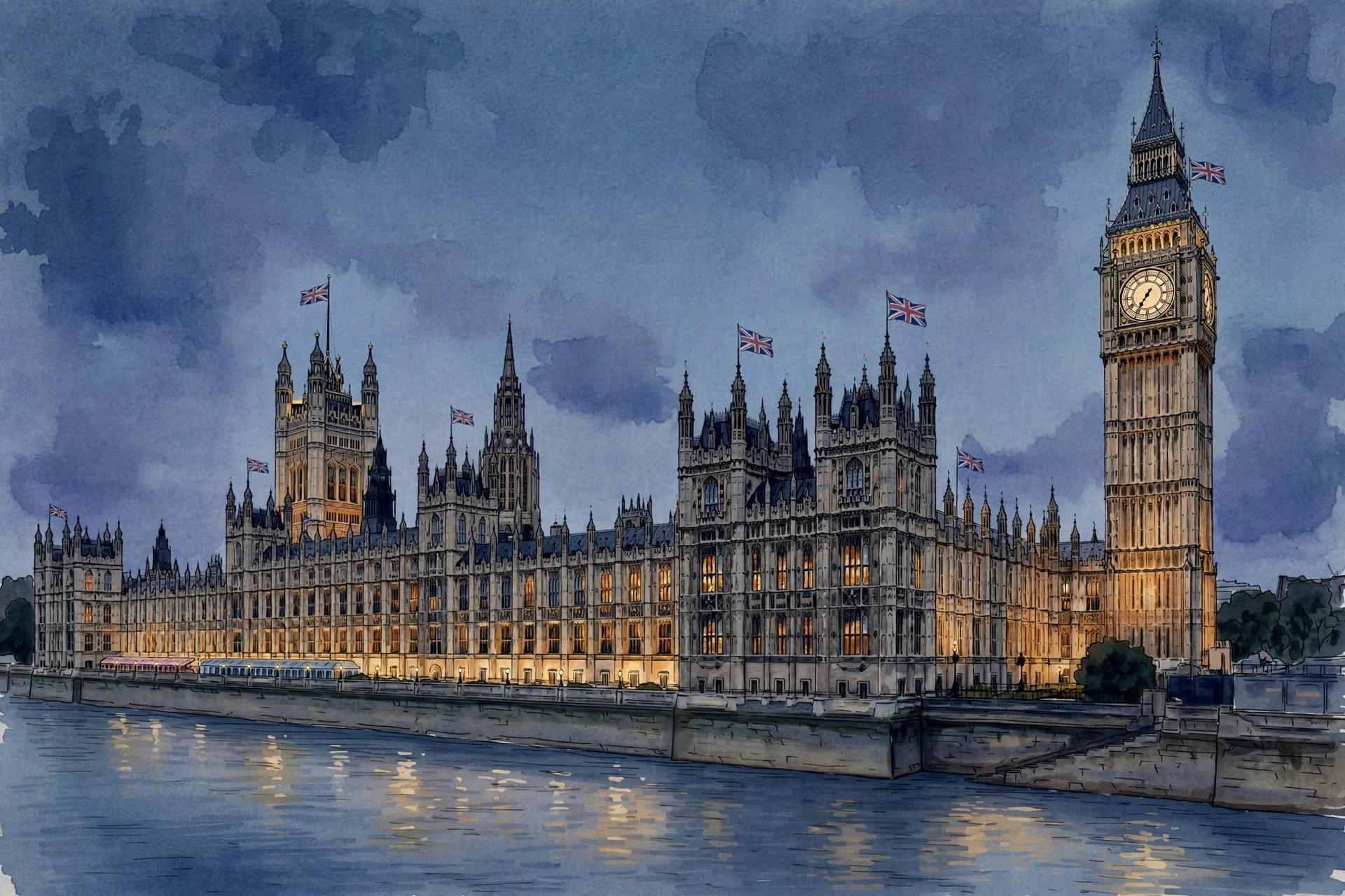 Ilustración editorial del Parlamento de Westminster al atardecer, con banderas británicas ondeando suavemente bajo un cielo azul oscuro; tono sobrio y digno, sin personas ni texto.