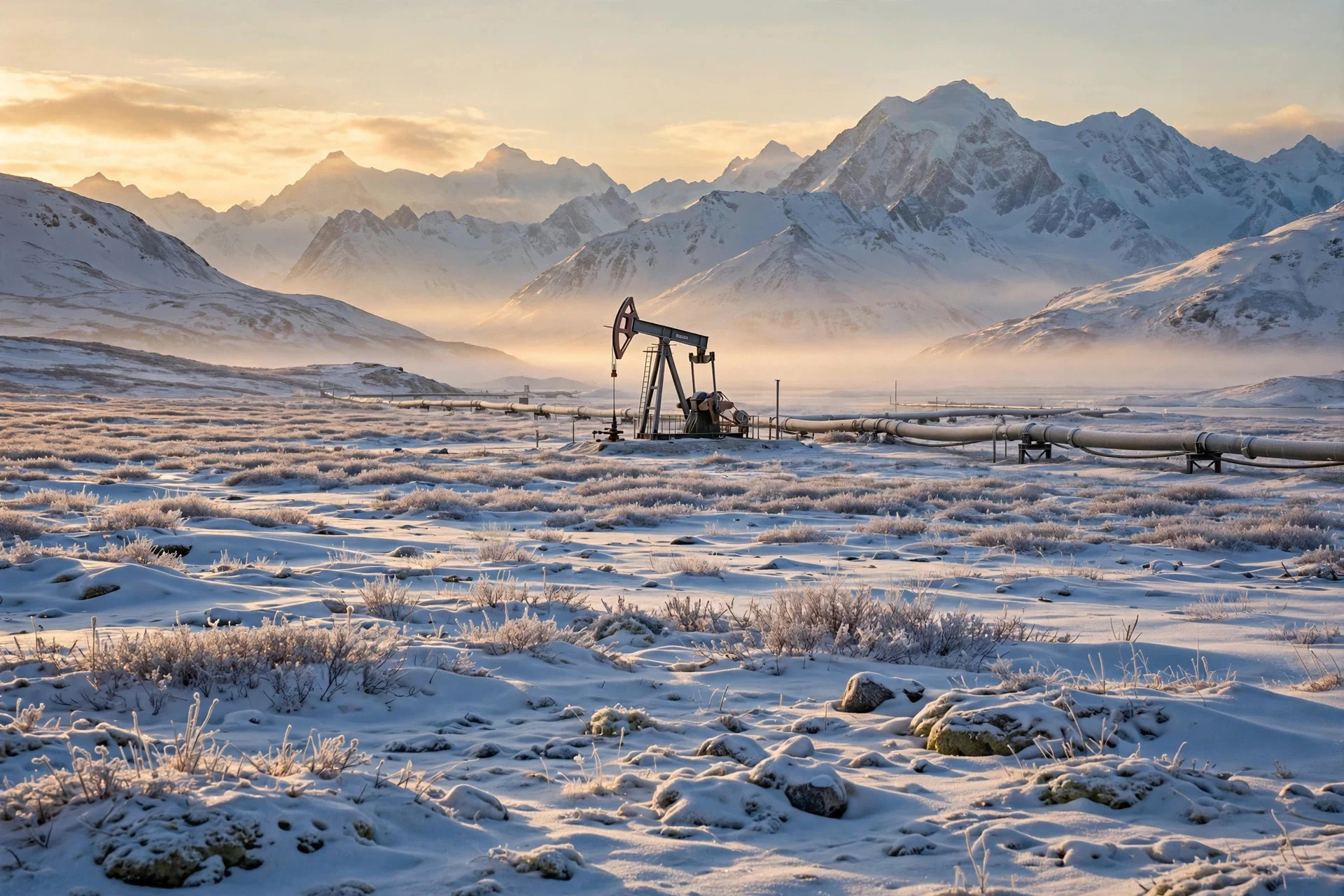 Snowy Arctic landscape in Alaska with an oil pumpjack and a pipeline beneath snow-capped mountains at dawn