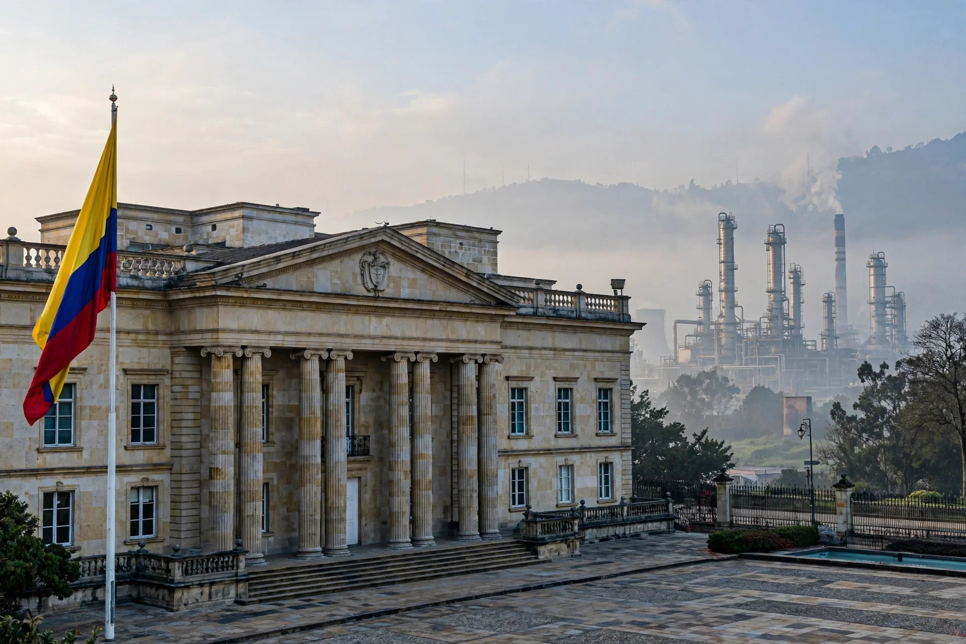 Palacio presidencial en Bogotá con la bandera de Colombia y una refinería petrolera al fondo entre la bruma