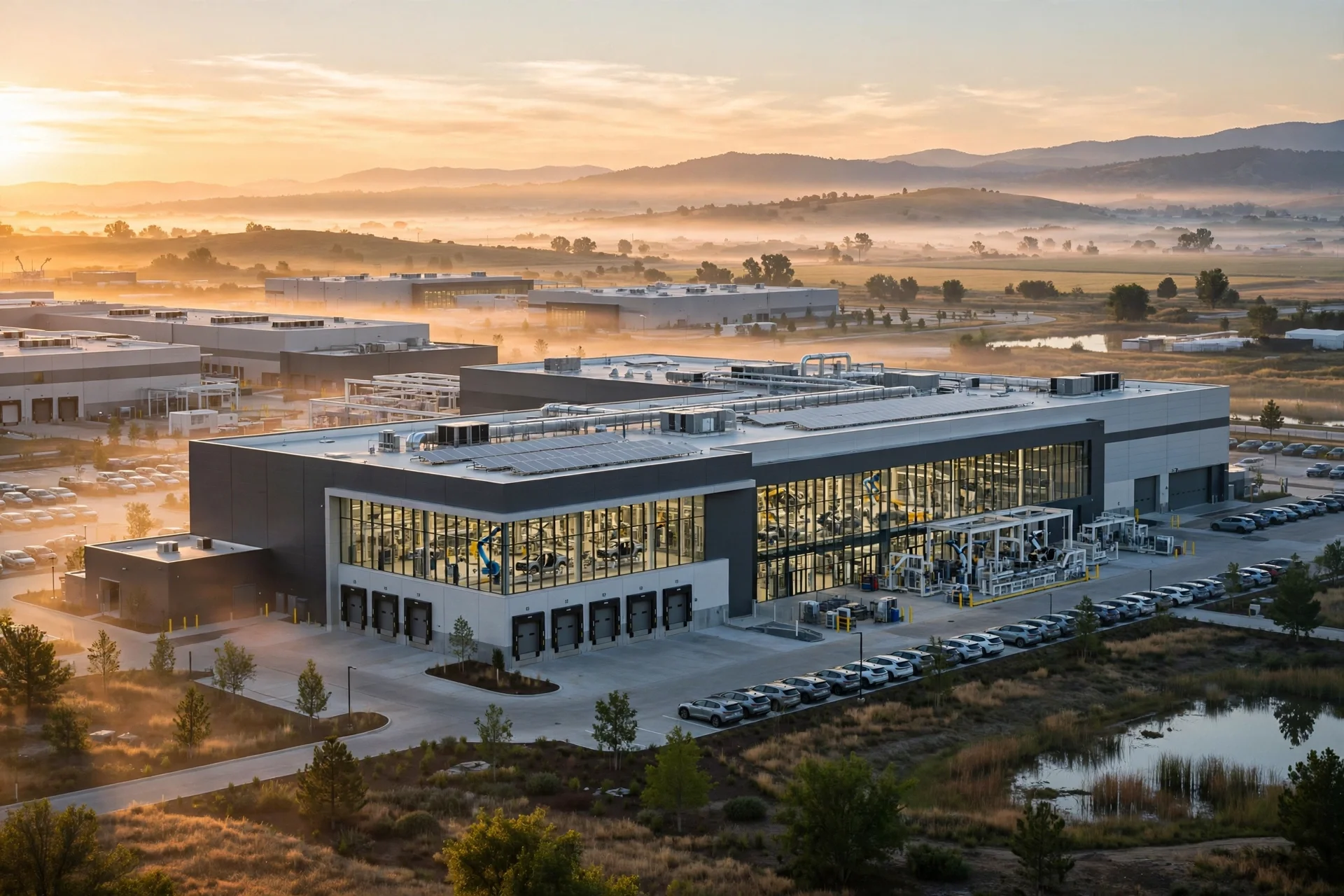Vista aérea al amanecer de una planta automotriz moderna de cristal y acero, con brazos robóticos visibles en su interior y vehículos estacionados frente a la fachada