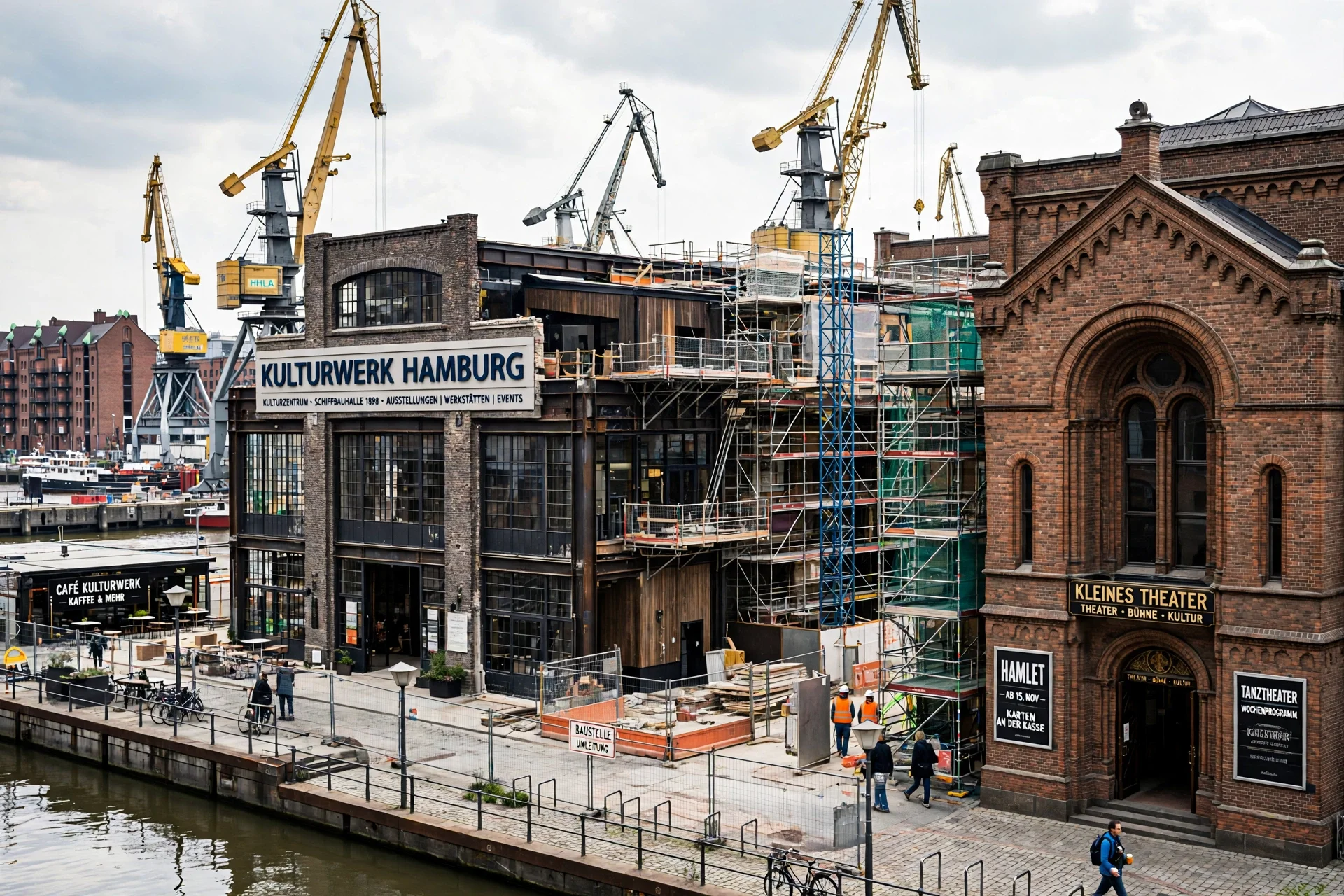 Nave industrial cultural de ladrillo en Hamburgo en obras, con grúas, andamios y un teatro anexo, junto a un canal en un día nublado