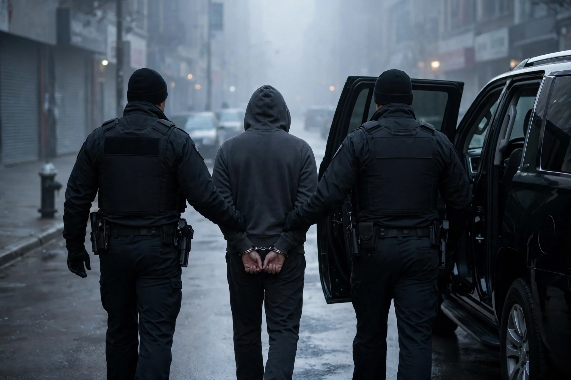 Dos agentes con chalecos tácticos escoltan a una persona esposada hacia un vehículo en una calle urbana con niebla.