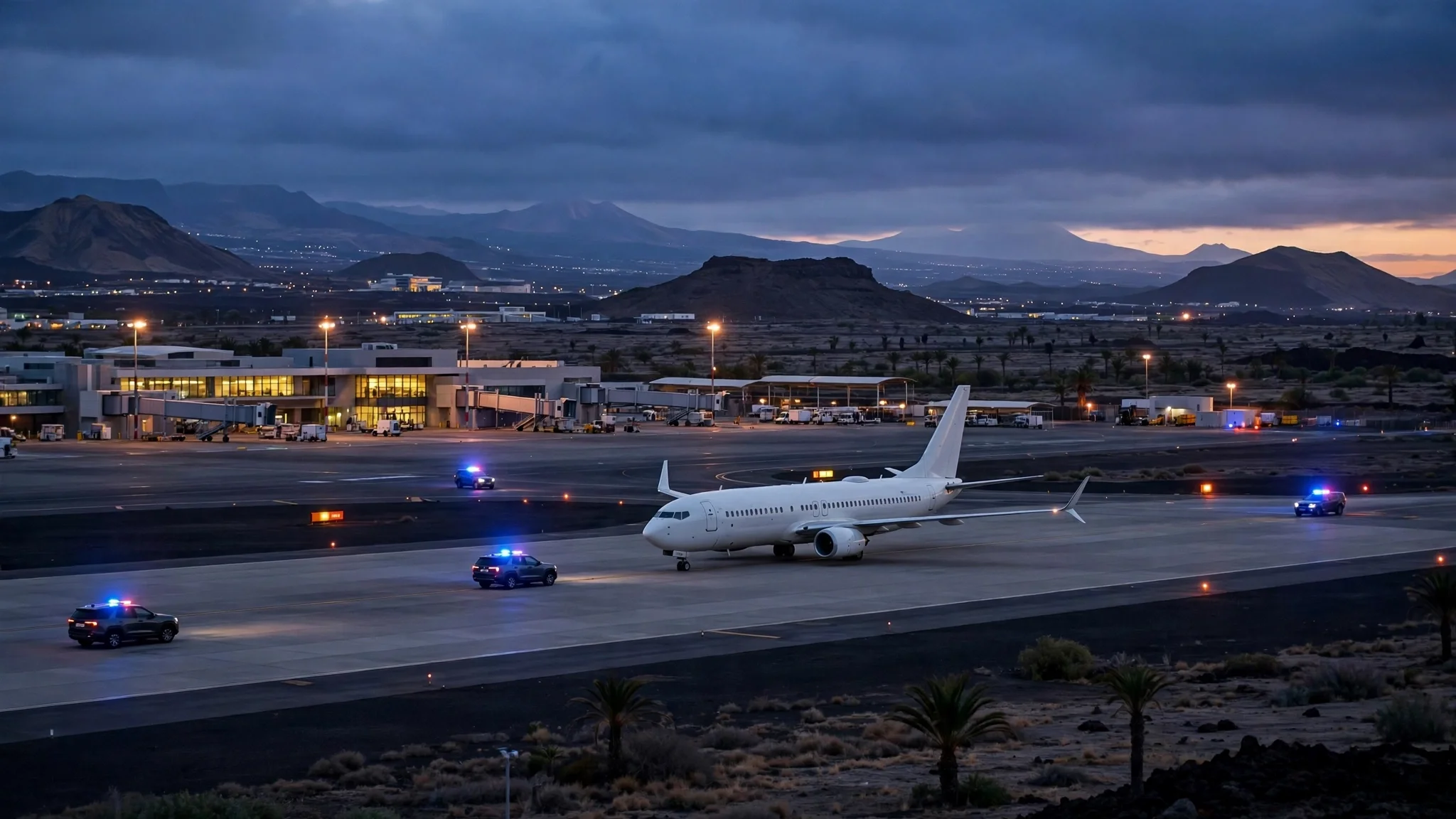 Avión de pasajeros blanco aislado en la pista de un aeropuerto canario al anochecer, rodeado a distancia por vehículos de seguridad con luces encendidas