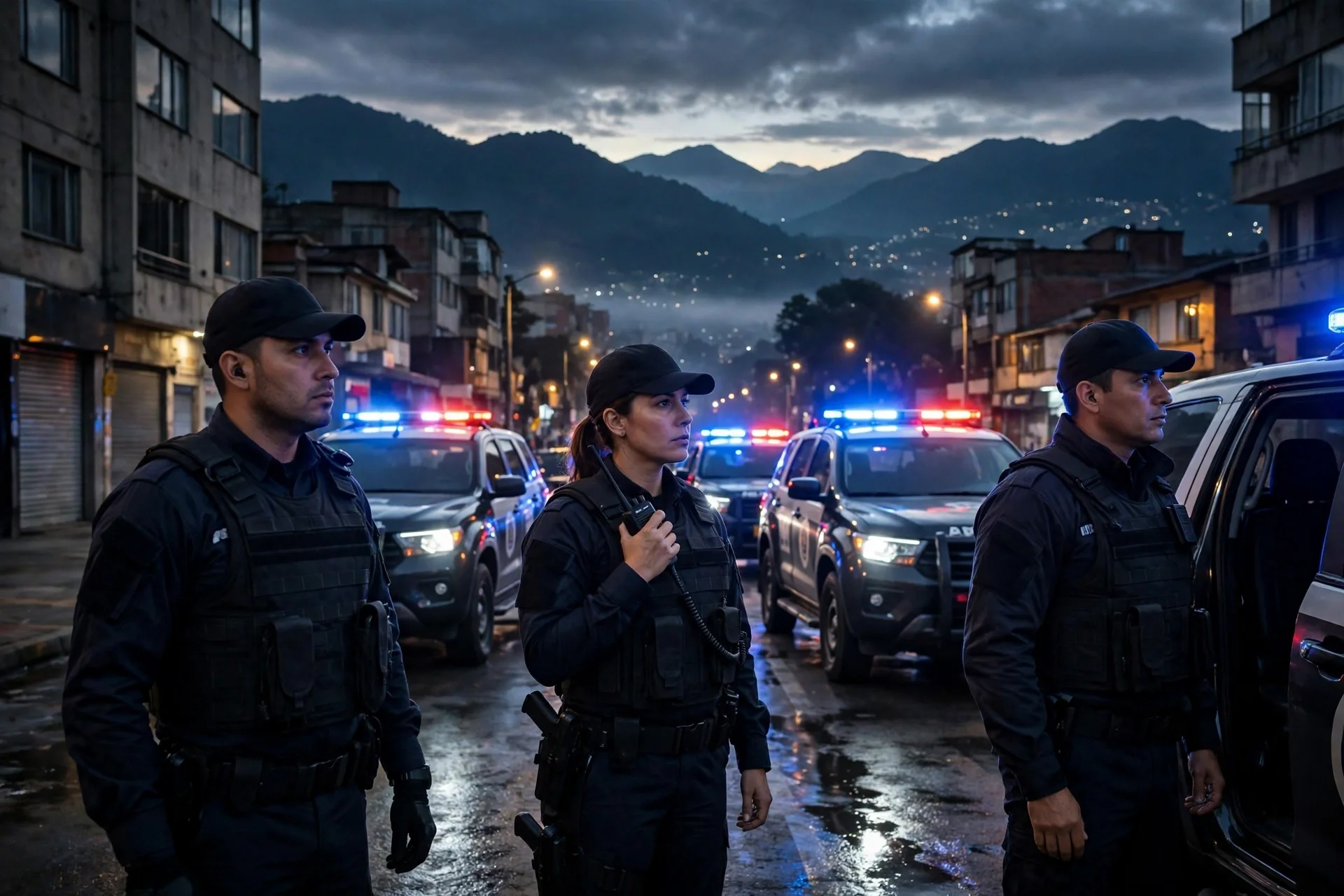Operativo policial al amanecer en una calle de Bogotá con patrullas y los cerros orientales al fondo