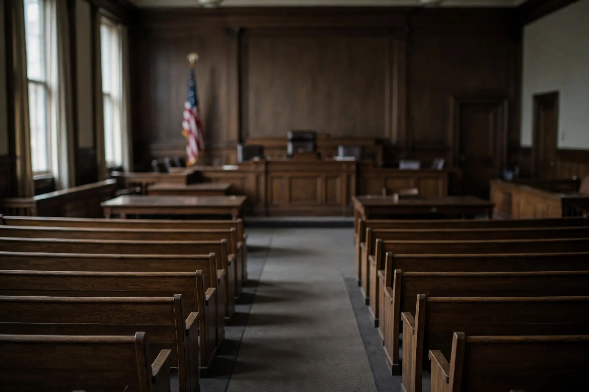 Sala vacía de un tribunal federal estadounidense con bancos de madera y luz tenue
