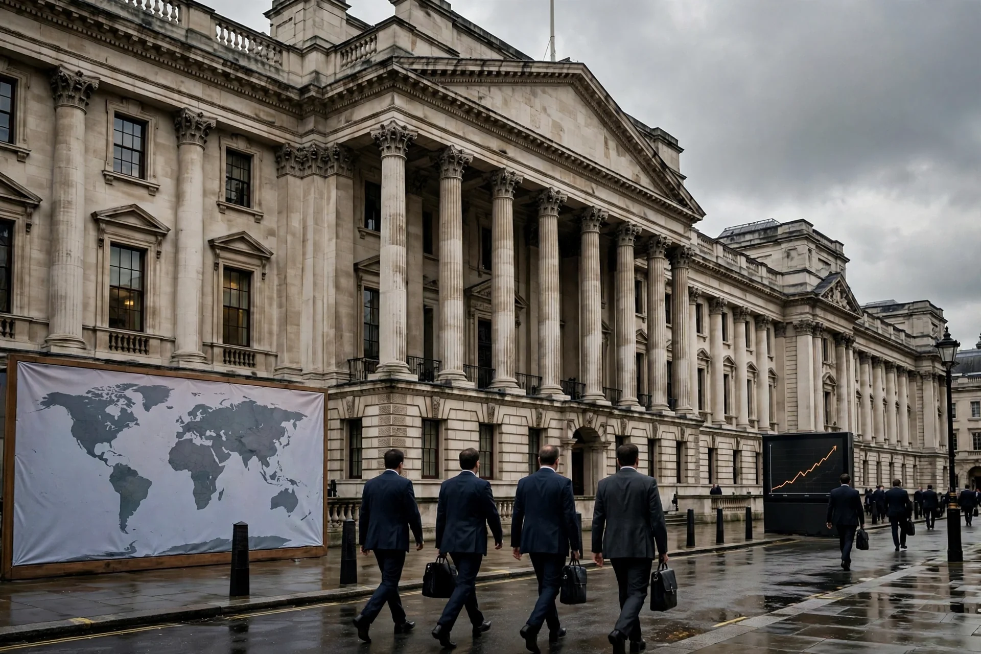 Edificio financiero institucional de piedra en Londres con columnas, bajo cielo nublado, con funcionarios de traje caminando con maletines
