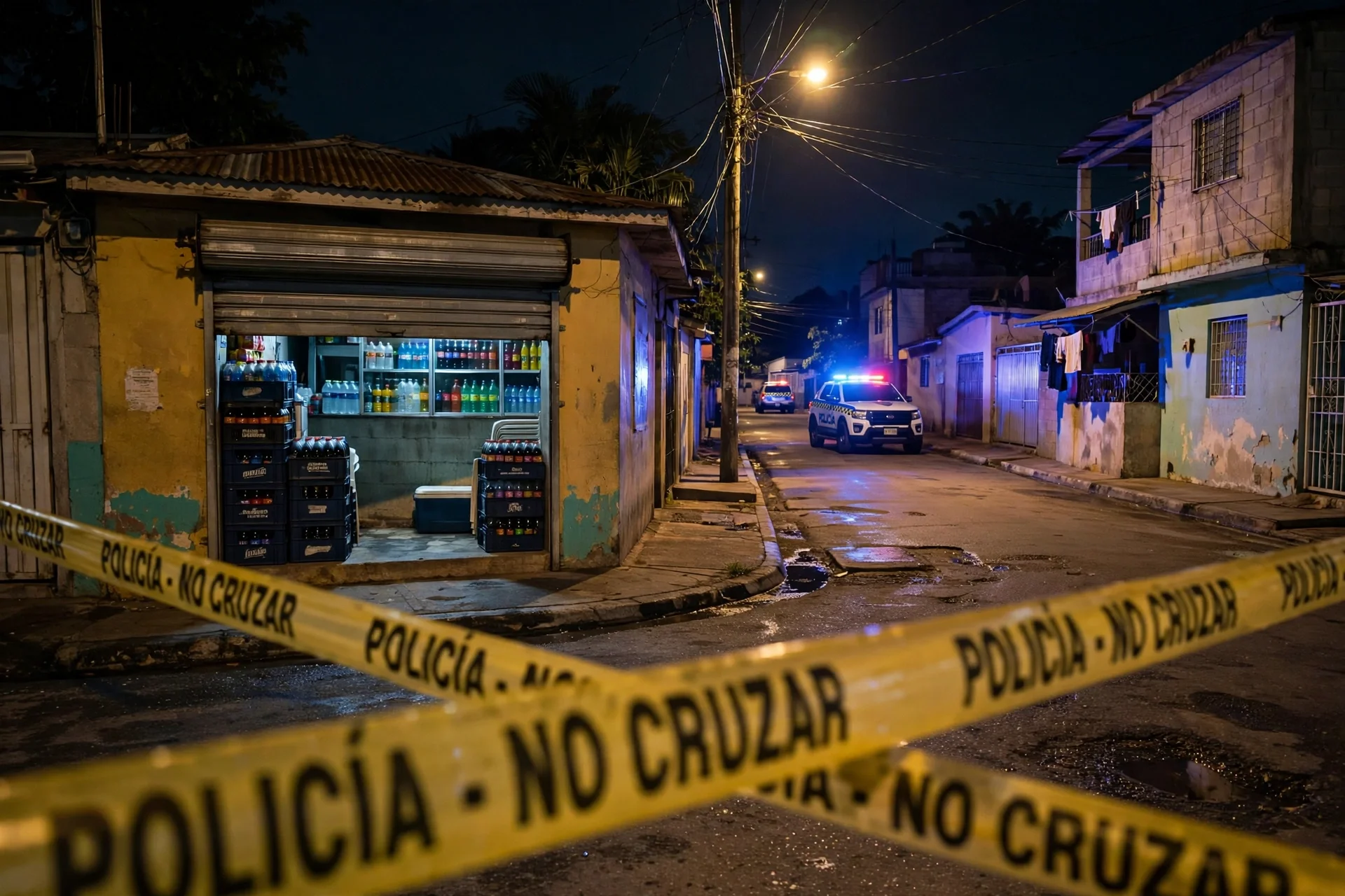 Colmado de barrio de noche en Santo Domingo Este con cinta policial en primer plano y una patrulla al fondo