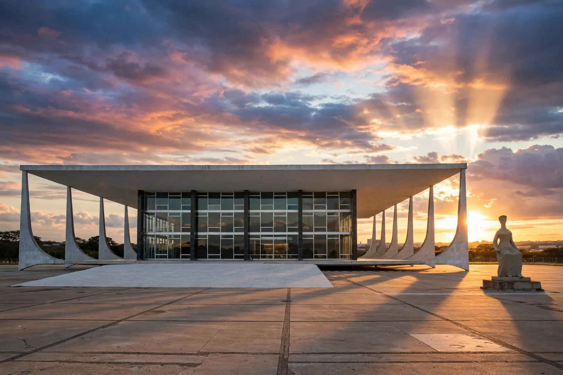 Palacio del Supremo Tribunal Federal en Brasilia al atardecer, con su arquitectura modernista y la plaza vacía en primer plano