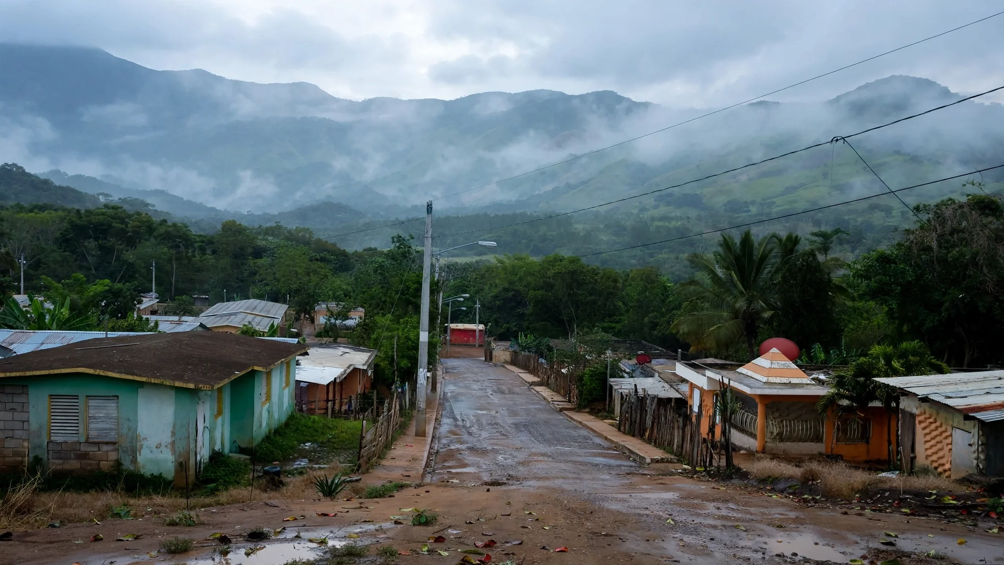 Calle de una comunidad rural de la provincia Bahoruco con montañas al fondo, sin personas