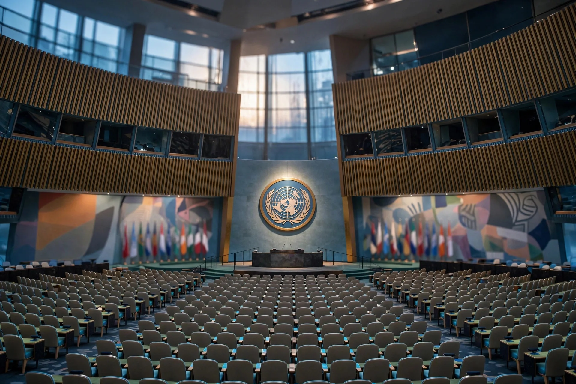 Sala de la Asamblea General de Naciones Unidas vacía al amanecer, con filas de asientos desocupados, banderas desenfocadas a ambos lados del estrado y el emblema de la organización al fondo