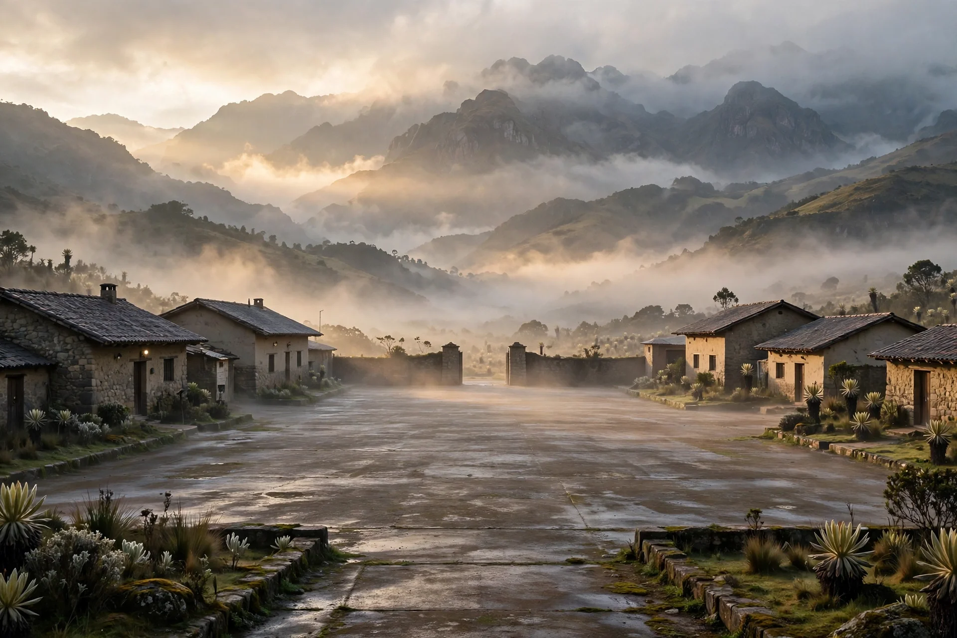 Amanecer brumoso sobre un patio vacío en una instalación andina rodeada de montañas, en ambiente solemne y silencioso.