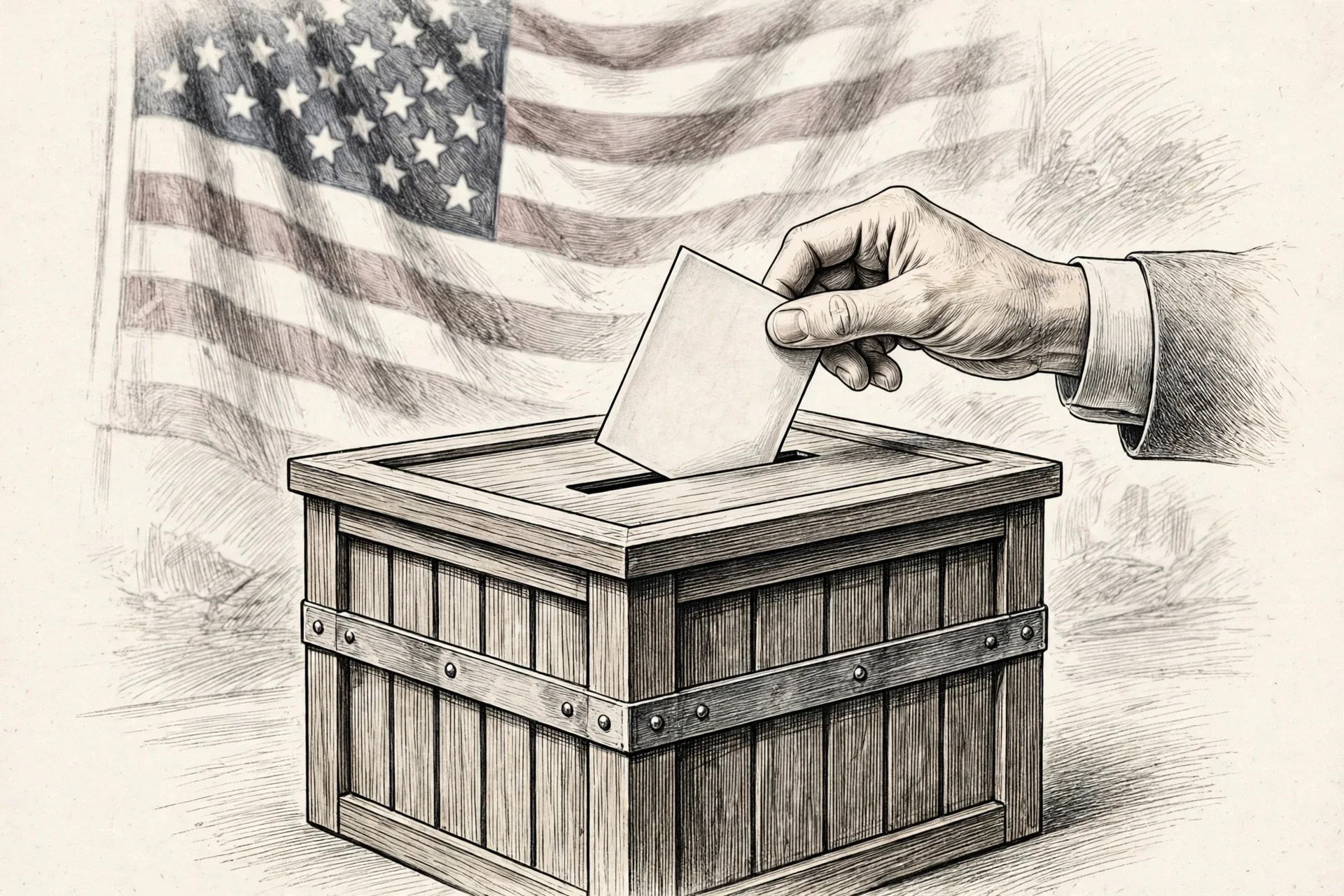 Ilustración de una mano depositando una papeleta en una urna de madera con la bandera de Estados Unidos al fondo
