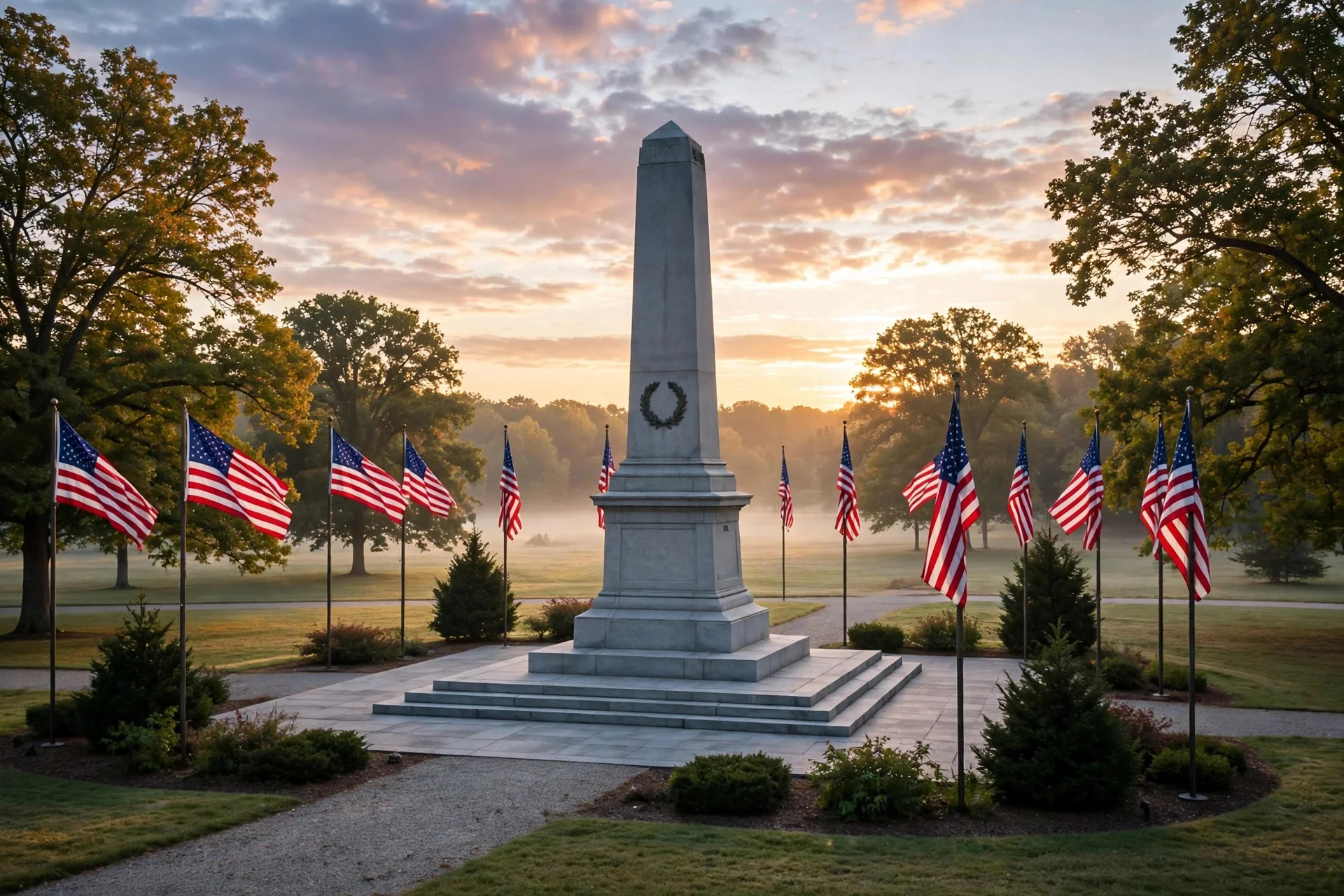 Memorial de guerra intacto con banderas de Estados Unidos al amanecer