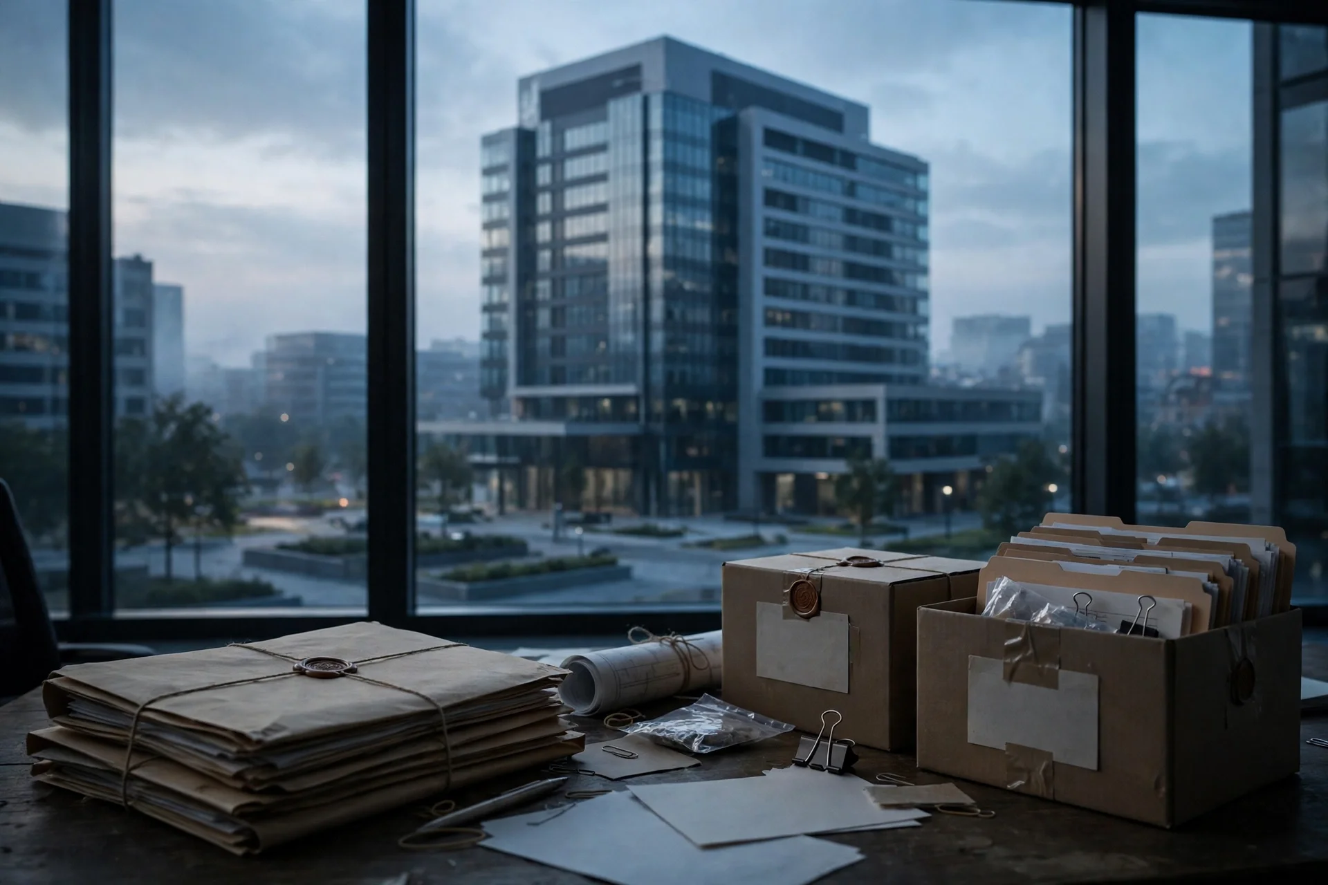 Sede corporativa petrolera al amanecer vista desde una oficina con carpetas y cajas de pruebas documentales selladas sobre un escritorio