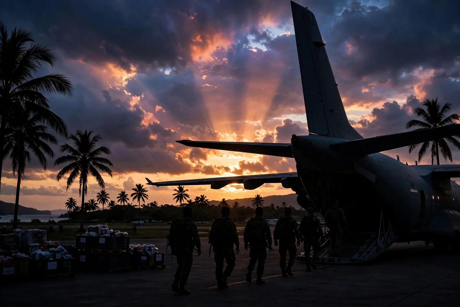 Efectivos de fuerzas especiales en silueta embarcando en un avión de transporte militar al atardecer en un aeródromo caribeño