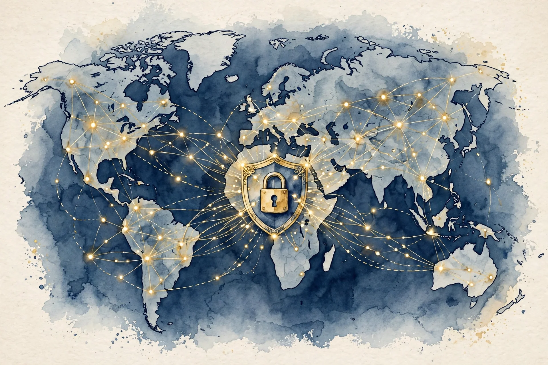 Ilustración editorial en acuarela de un mapa mundial con nodos luminosos conectados y un escudo con candado en el centro