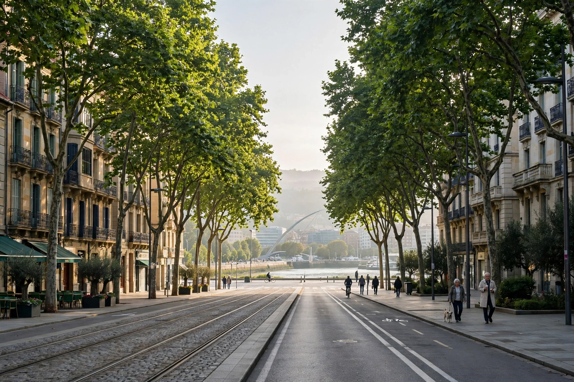 Avenida arbolada de Bilbao junto a la ría en una mañana tranquila, con edificios y peatones