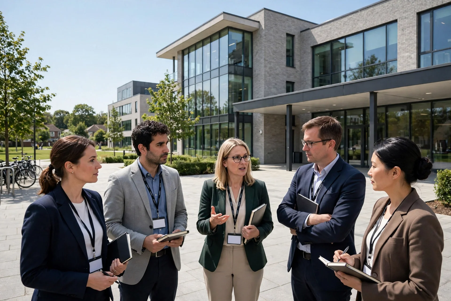 Campus universitario británico moderno en York con funcionarios en formación profesional