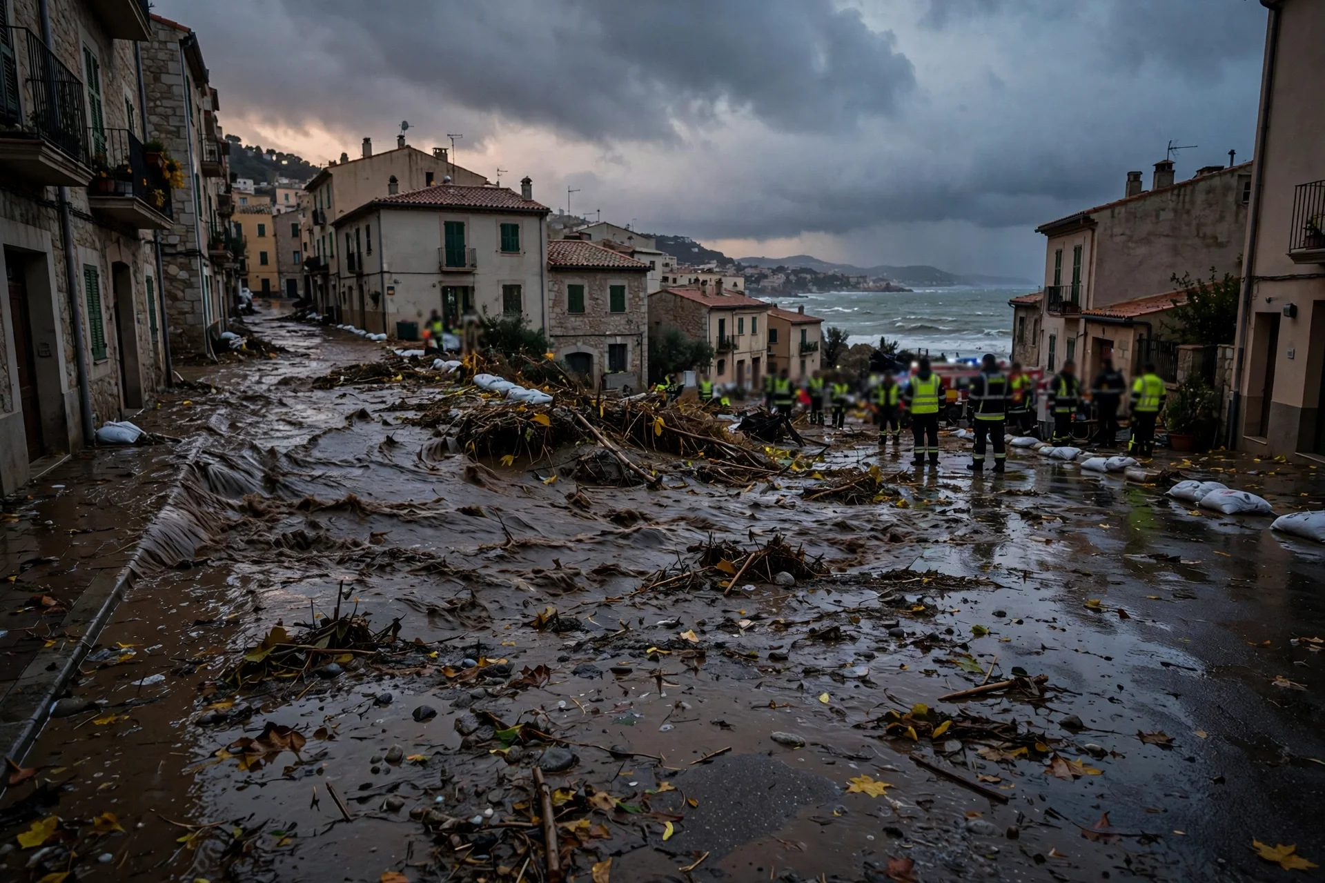 Una calle inundada de un pueblo costero mediterráneo con equipos de emergencia con chalecos reflectantes junto a sacos de arena.
