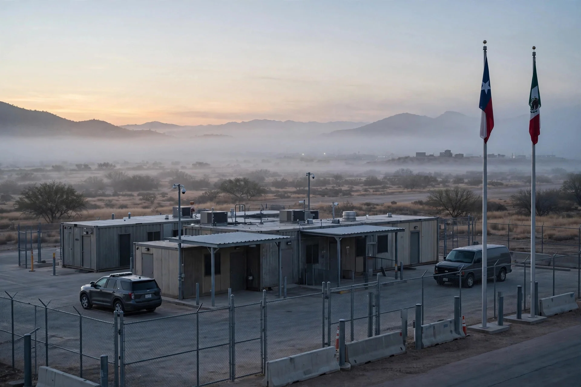 Centro de procesamiento migratorio genérico en la frontera entre Texas y México al amanecer, sin personas