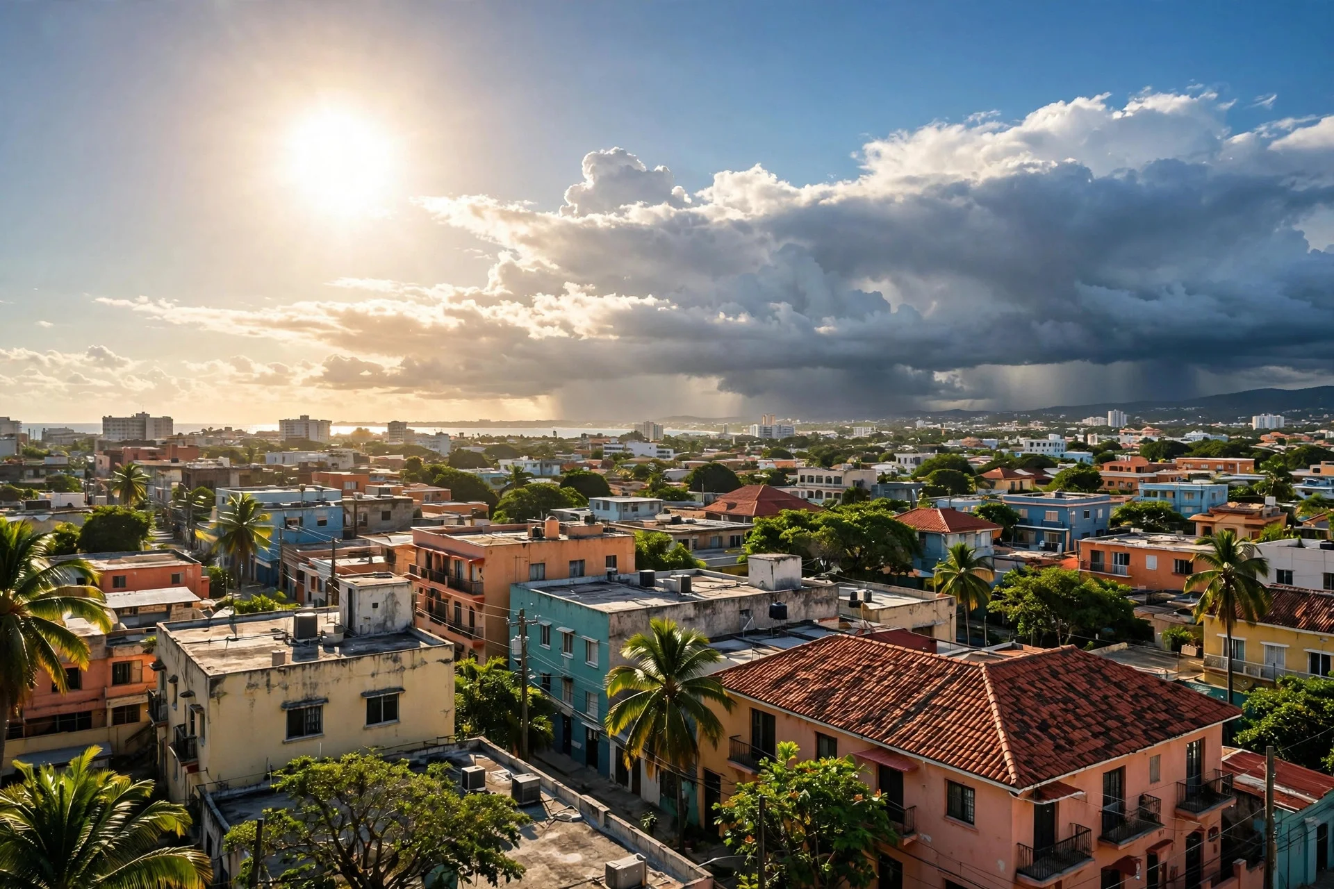Ciudad caribeña bajo sol intenso por la mañana con nubes de tormenta formándose al fondo