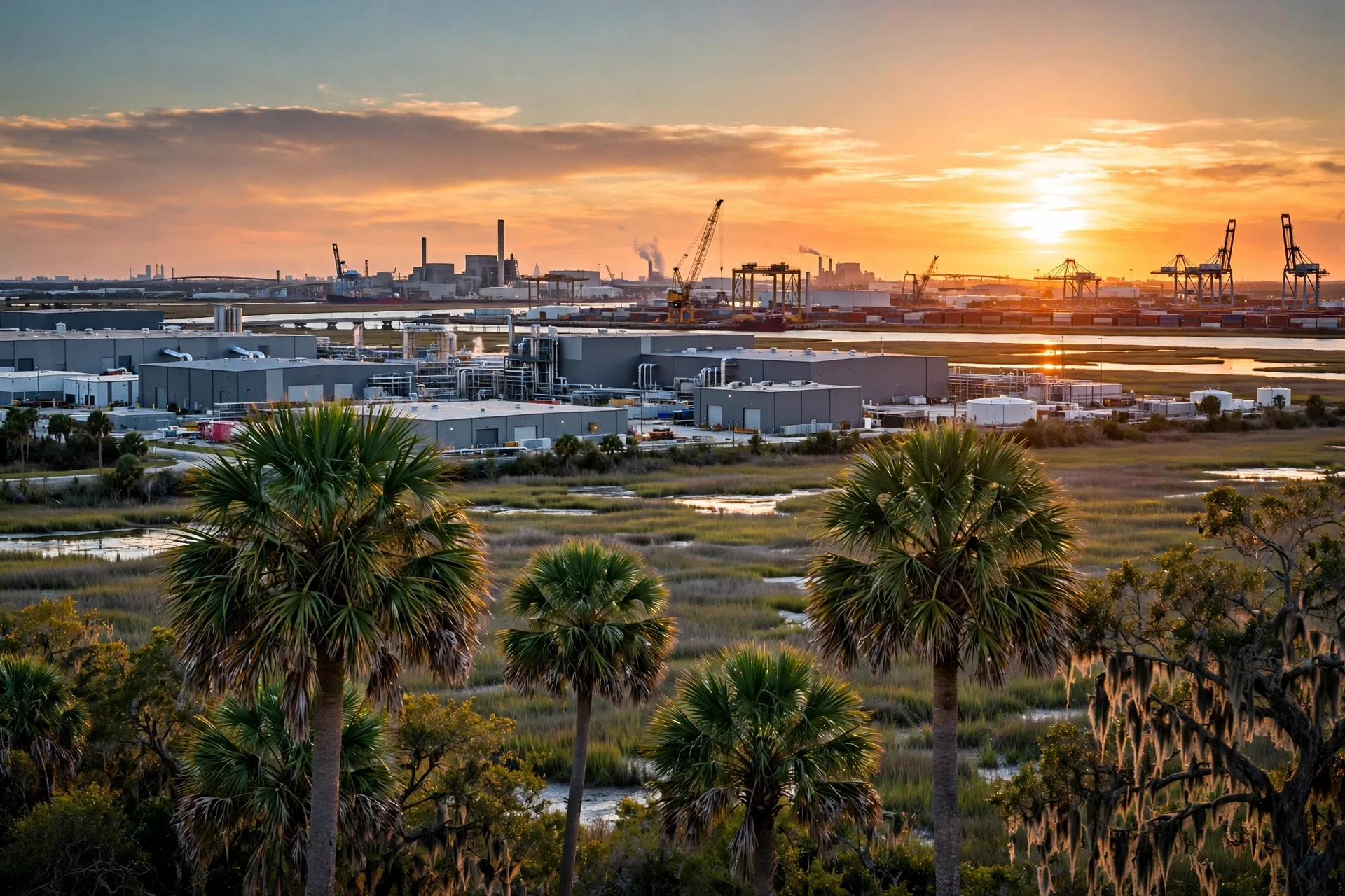 Horizonte industrial de Carolina del Sur al atardecer, con palmeras palmetto en primer plano, fábricas nuevas y grúas portuarias al fondo.