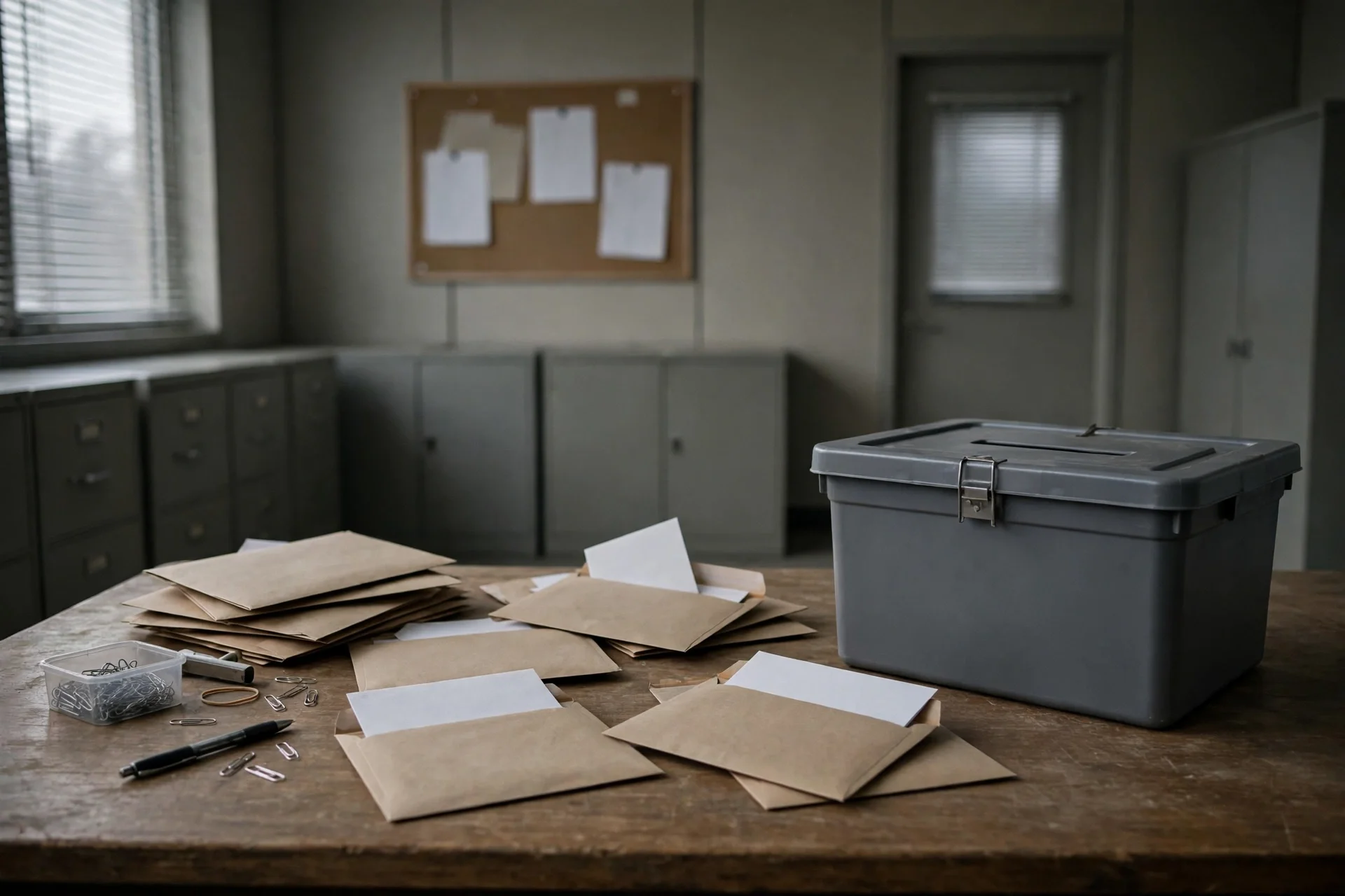 Oficina electoral vacía con sobres y boletas en blanco sobre una mesa de madera junto a una urna gris con ranura