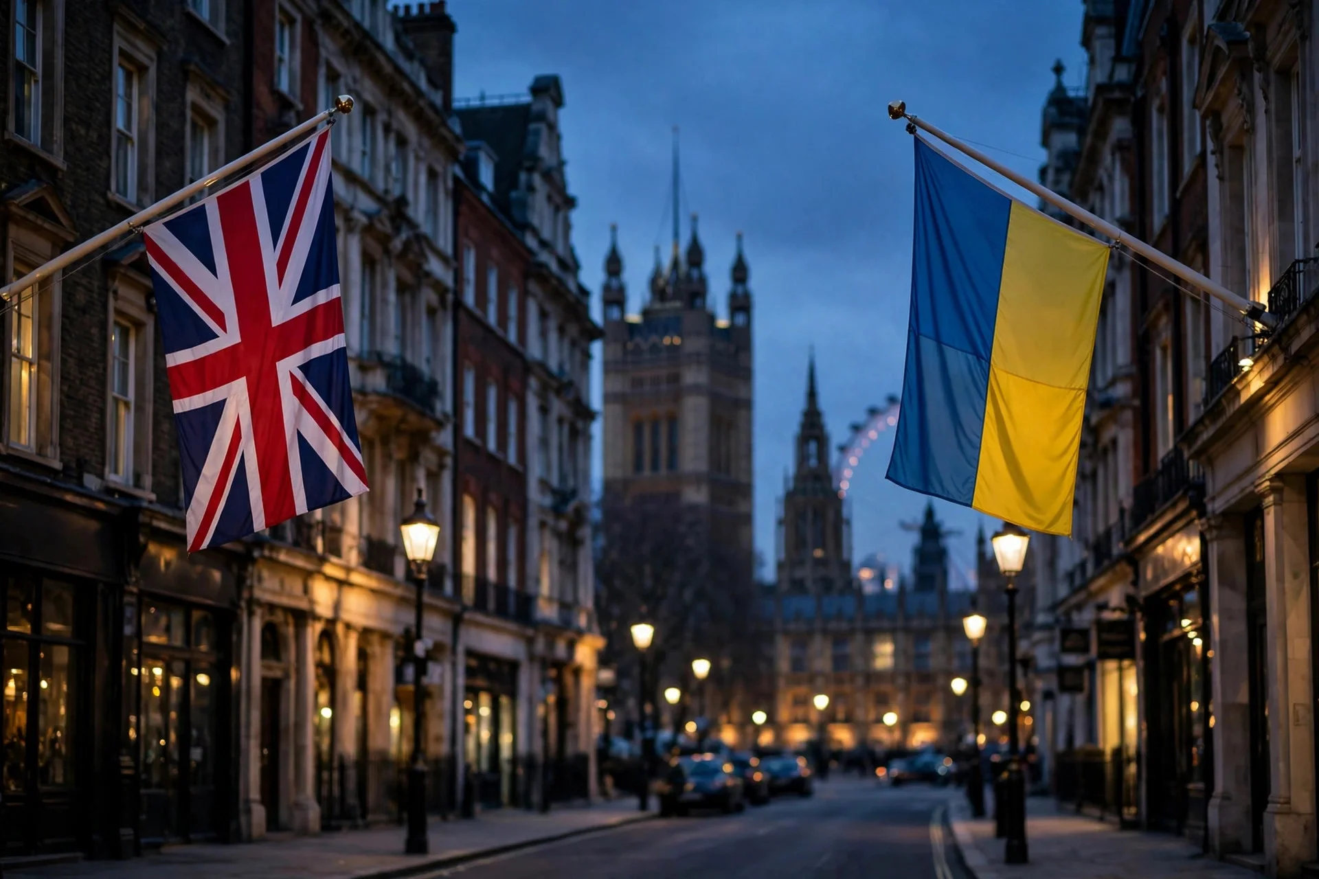 Calle de Londres al anochecer con la bandera británica a la izquierda y la bandera ucraniana a la derecha, con edificios históricos al fondo