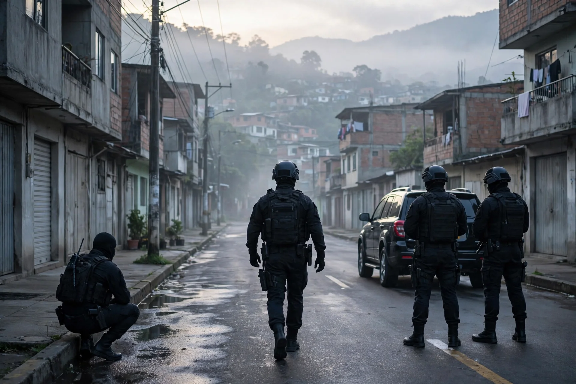 Agentes con equipo táctico patrullan una calle urbana al amanecer durante un operativo antidrogas en Colombia