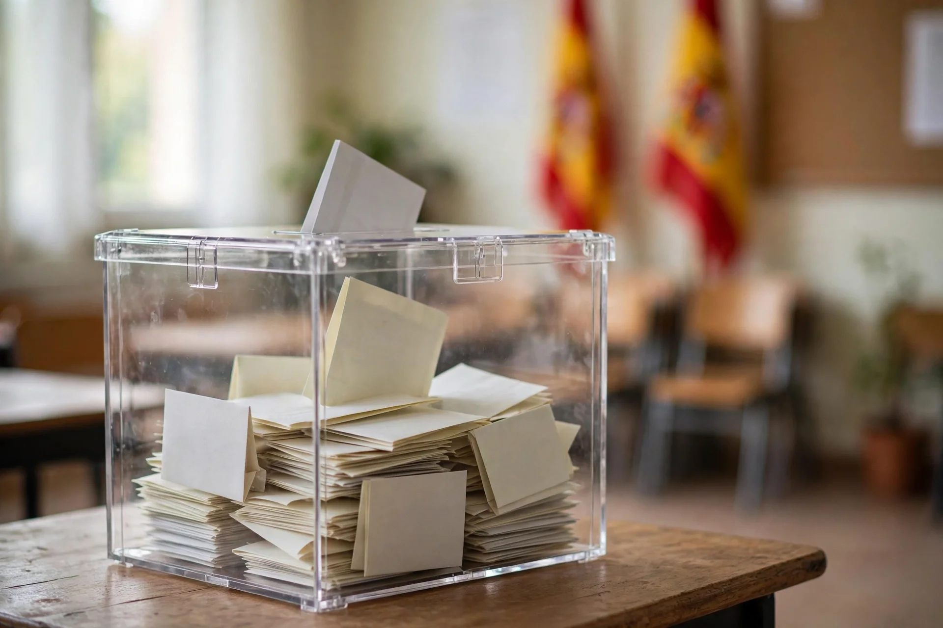 Urna transparente llena de papeletas en un colegio electoral con banderas de España desenfocadas al fondo