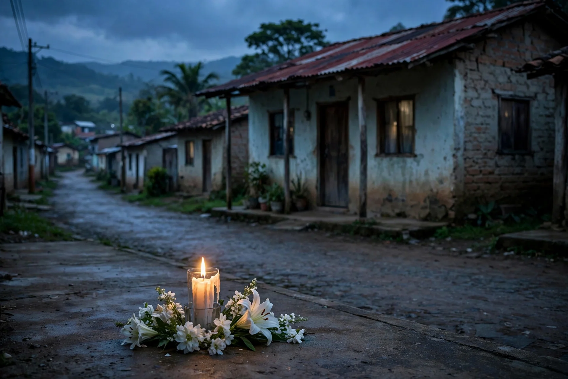 Una vela encendida y flores blancas frente a una casa rural modesta al atardecer en un pueblo colombiano