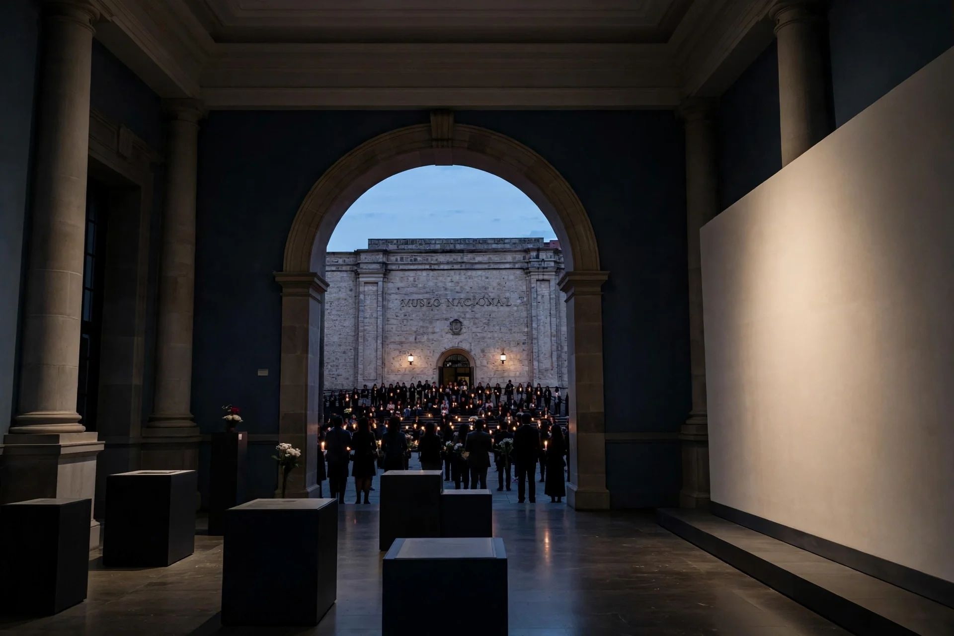 Sala del Museo Nacional de Colombia con pedestales vacíos y un muro en blanco, frente a una multitud con velas en la entrada del museo al anochecer.