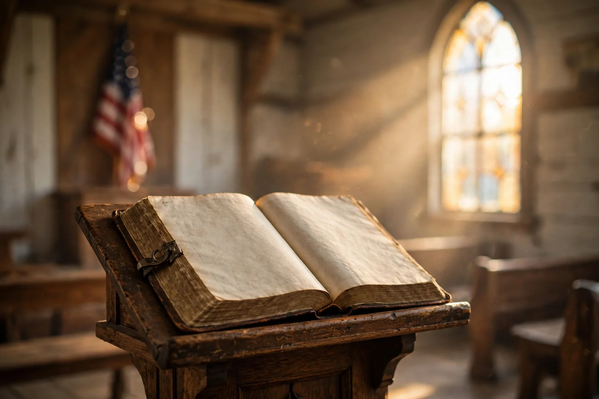 Biblia histórica abierta sobre un atril de madera en una iglesia estadounidense con luz cálida de mañana