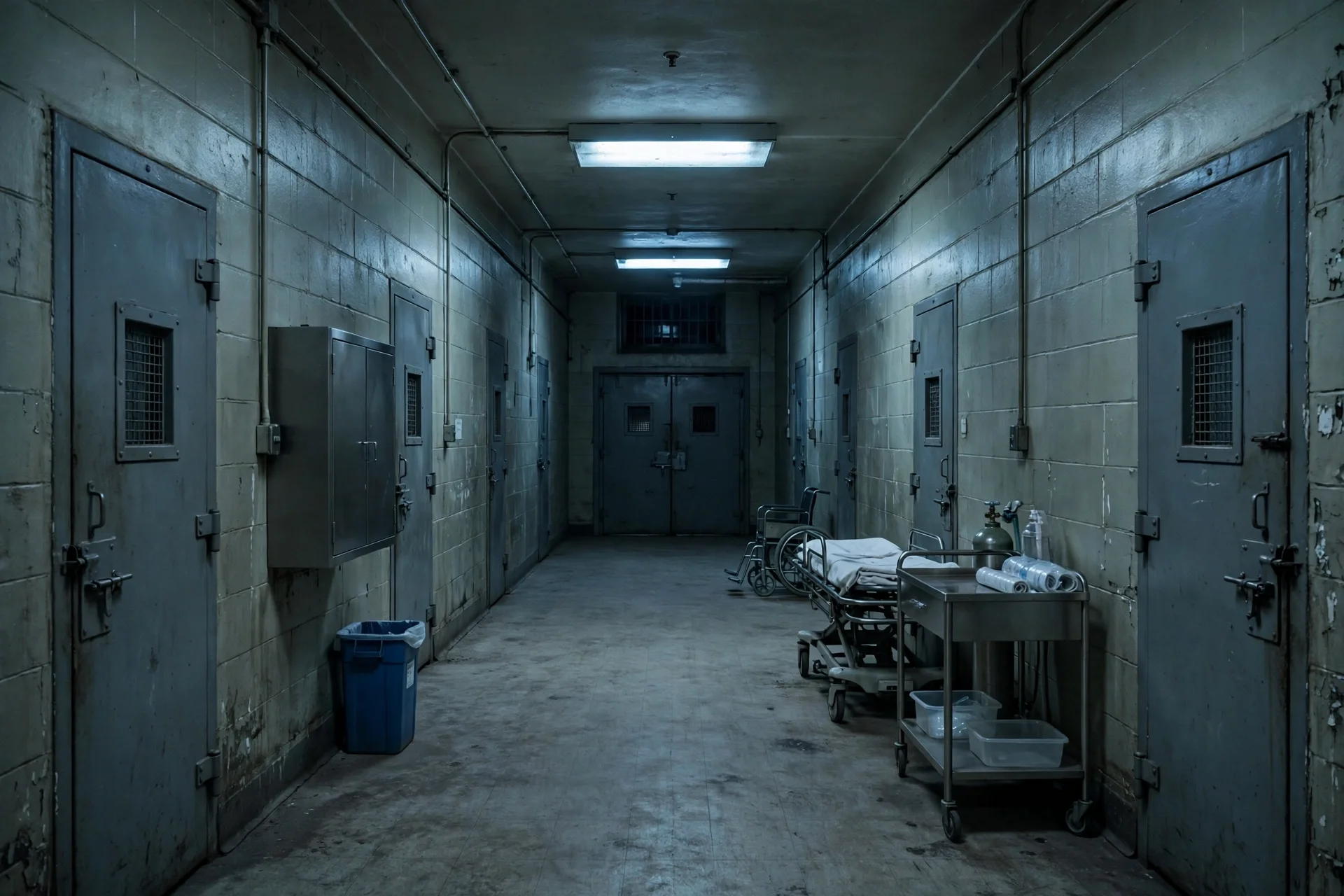 Pasillo vacío y sombrío de una prisión con puertas de acero y un carro médico, sin personas visibles