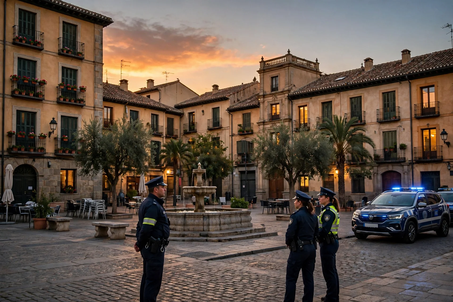 Plaza urbana española al atardecer con fuente, edificios históricos y presencia policial