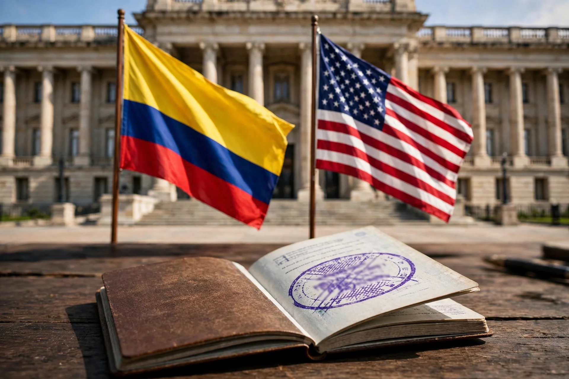 Banderas de Colombia y Estados Unidos junto a un pasaporte con un visado cancelado