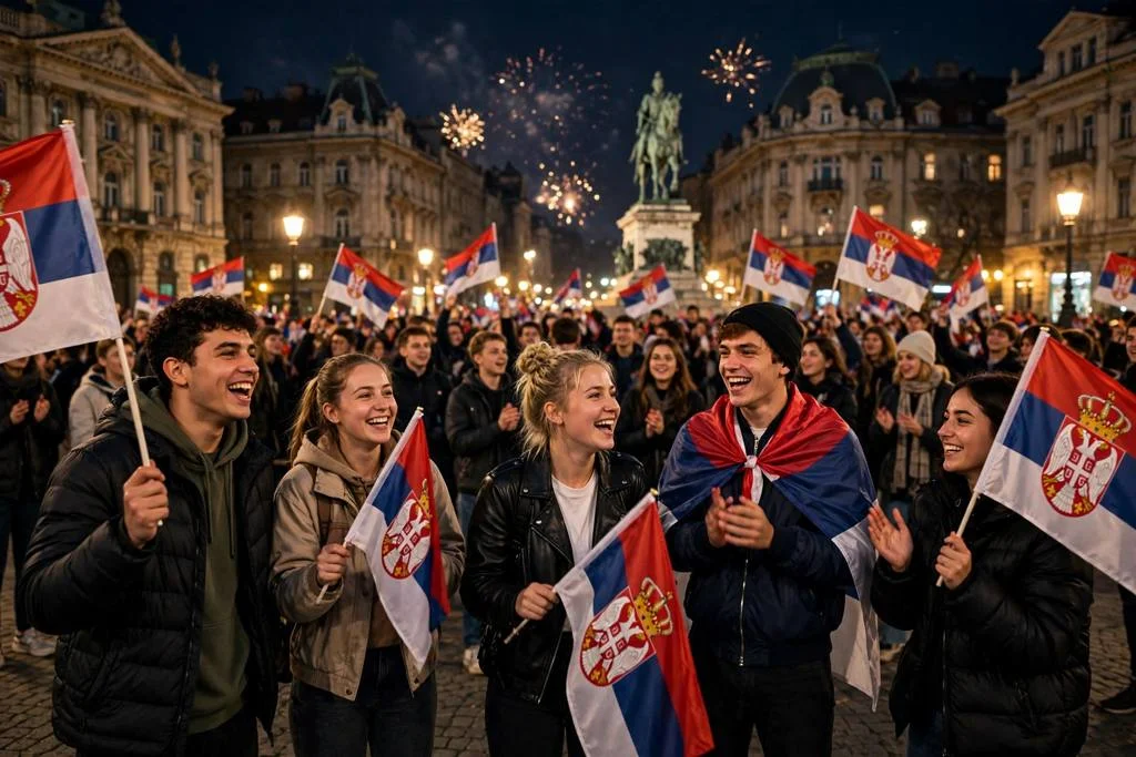 Jóvenes celebrando de noche en una plaza de Belgrado con banderas de Serbia y fuegos artificiales
