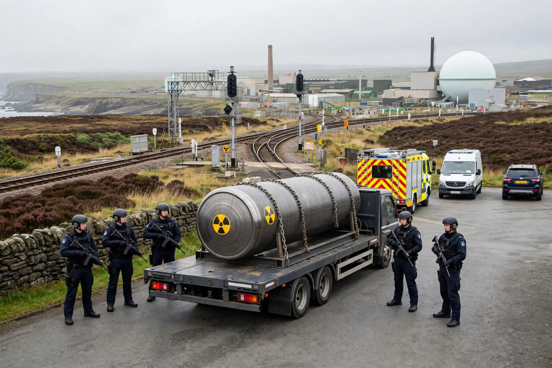 Oficiales armados de la policía nuclear custodian un camión con un contenedor de material nuclear junto a la vía férrea y la planta de Dounreay, en Escocia