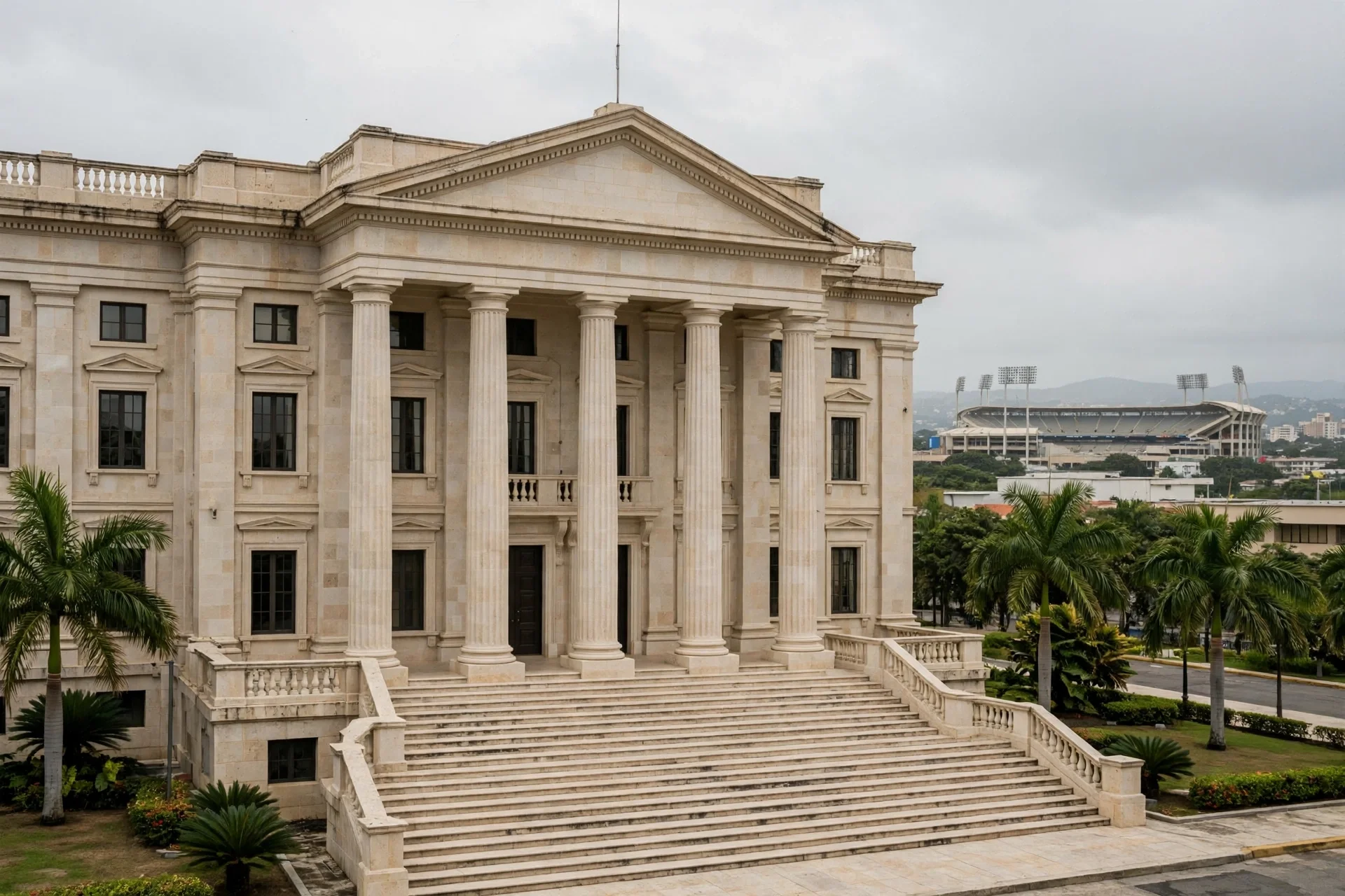 Edificio de un tribunal caribeño con columnas y escalinata, palmeras y un estadio de béisbol al fondo