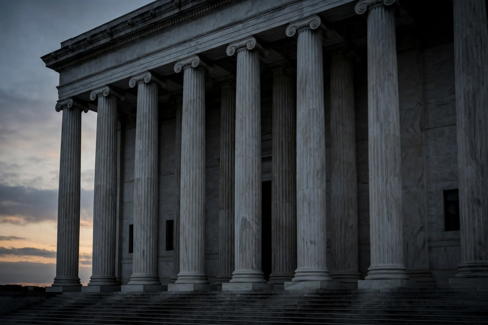 Columnas de mármol de un tribunal al atardecer en penumbra